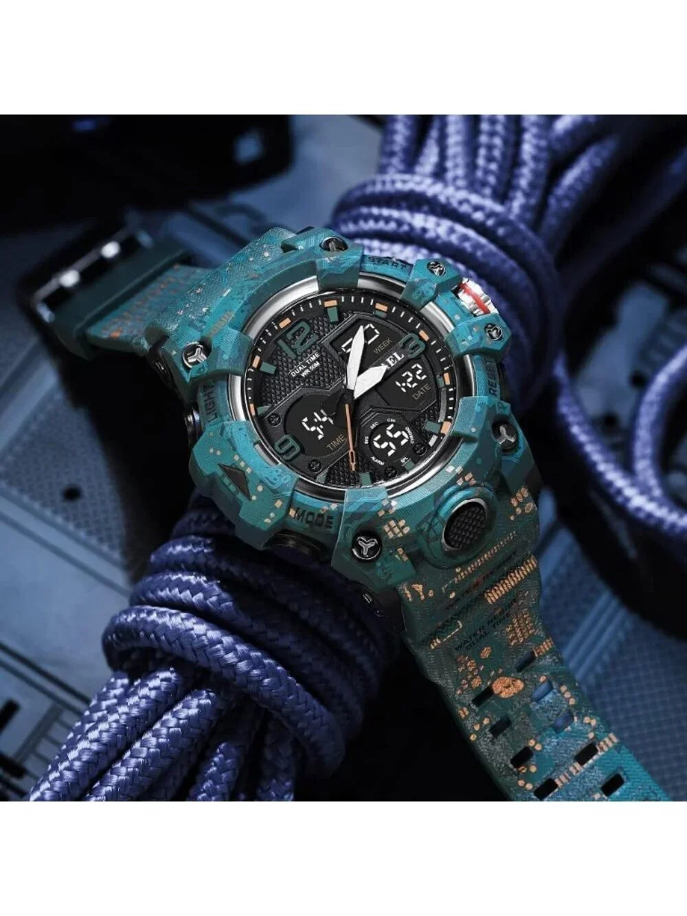 Mens Camo Blue Analog Quartz S-Shock Waterproof Outdoor Sports LED Digital Watch